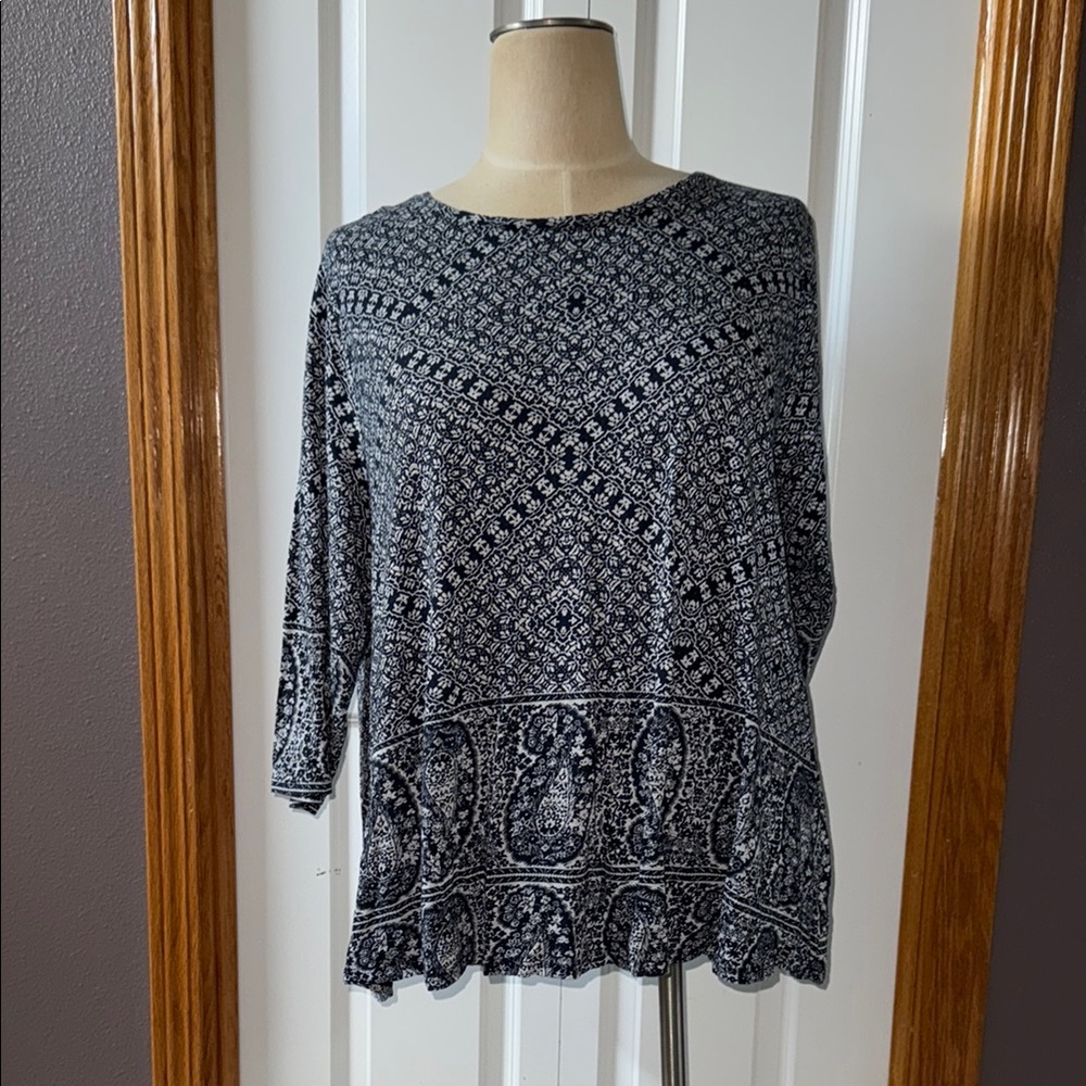 Lucky Brand Blue White Pattern Blouse with Relaxed Fit-SZ 3X